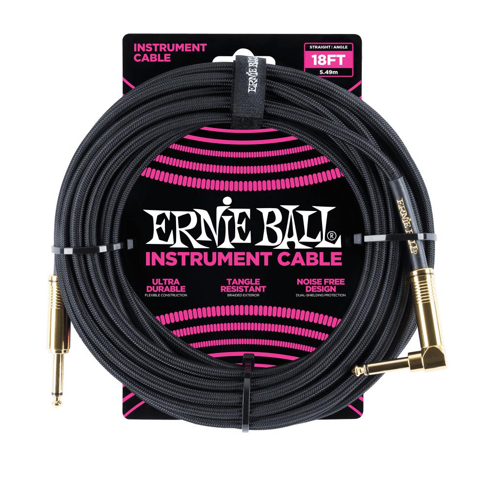 Ernie Ball 18' Braided Instrument Cable Straight/Angle Black w/ Gold