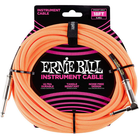Ernie Ball 18' Braided Instrument Cable Straight/Angle Neon Orange