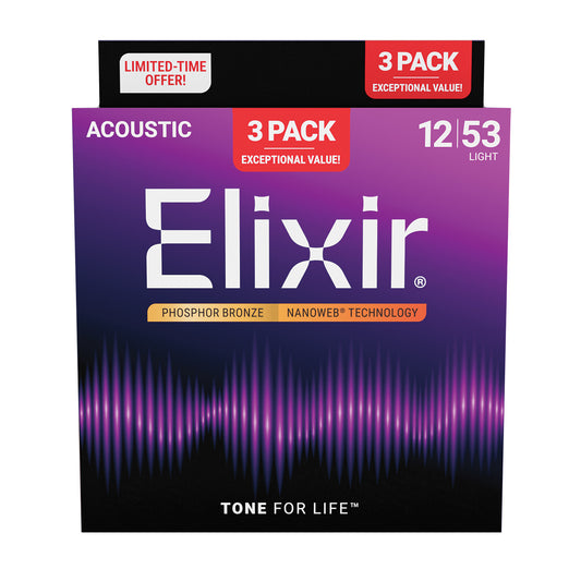 Elixir 16569 Nanoweb Phosphor Bronze 12-53 3 Pack Light # 16545