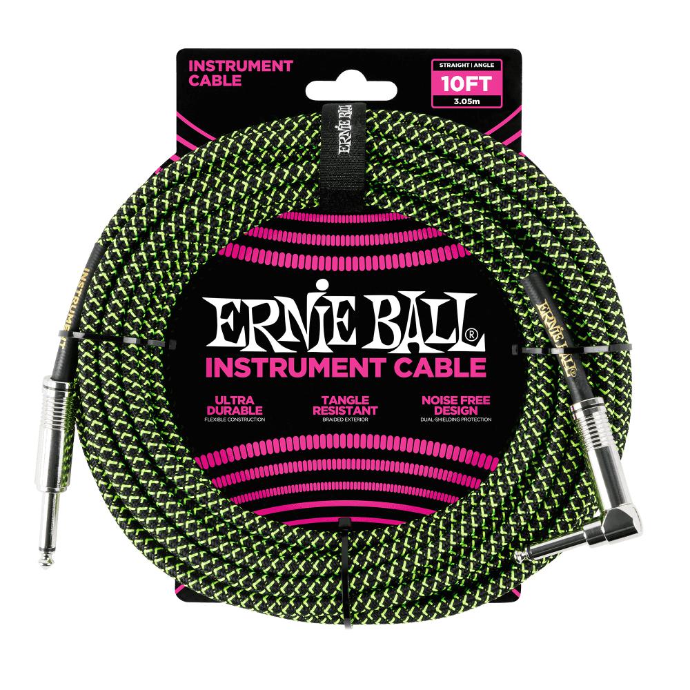 Ernie Ball 10' Braided Straight/Angle Instrument Cable Green & Black