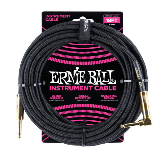 Ernie Ball 18' Braided Instrument Cable Straight/Angle Black w/ Gold