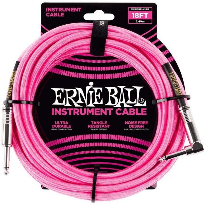 Ernie Ball 18' Braided Instrument Cable Straight/Angle Neon Pink