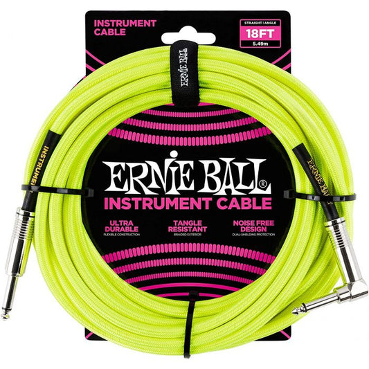 Ernie Ball 18' Braided Instrument Cable Straight/Angle Neon Yellow