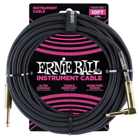 Ernie Ball Instrument Cable 10' Braided Straight/Angle Black w/ Gold