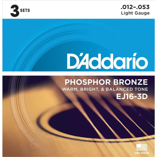 D'Addario EJ16 Phosphor Bronze Light 12-53 3 Pack